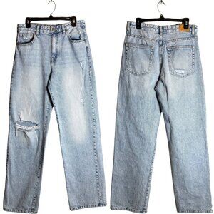 Pull&Bear High Rise Wide Leg Denim Jeans Women's 6 Light Wash Distressed Rigid